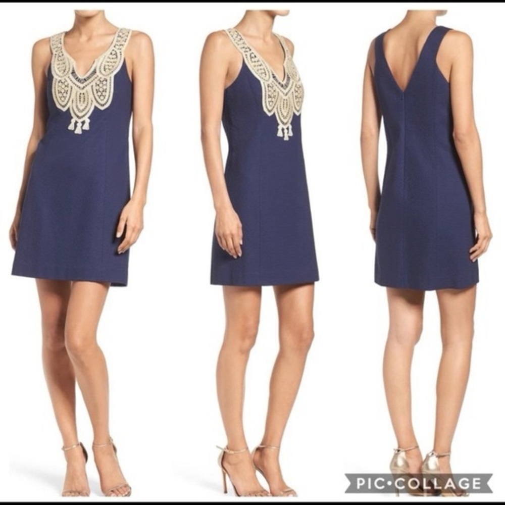 Lilly Pulitzer True Navy/Shimmer Gold Embroidered Neck Largo Shift Dress